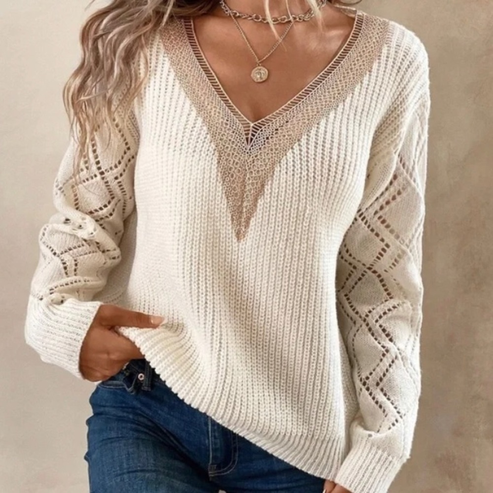 Cozy Cream Lace Knit Oversized Sweater Top